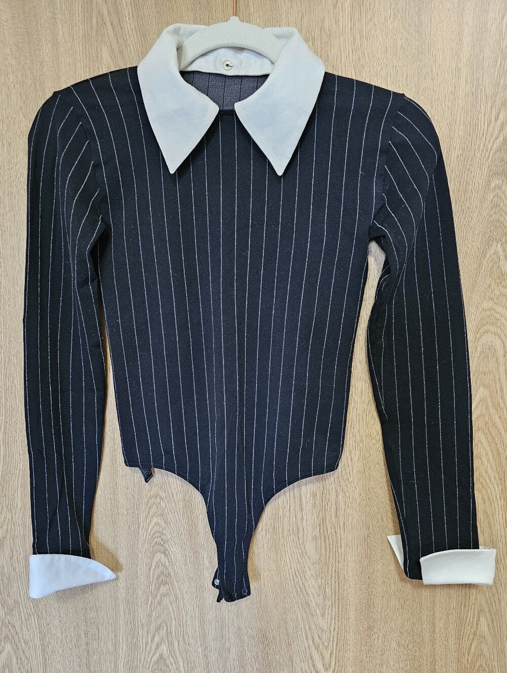 Wolford Black and White Velvet Mix Pinstripe Collared Bodysuit Size XS